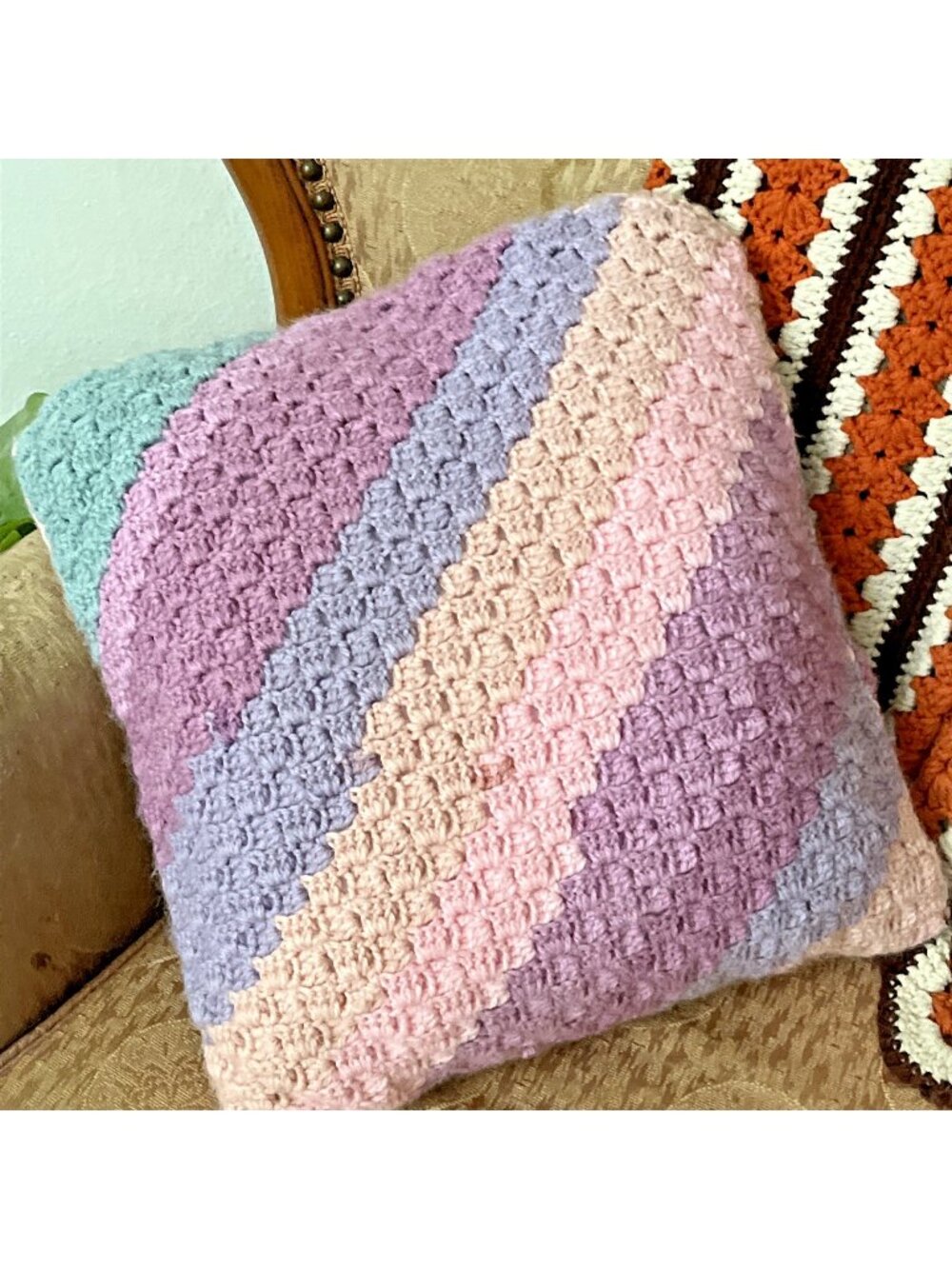Vtg handmade crochet pastelcore throw pillow 16x16 nursery easter softgirl retro